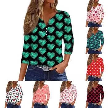 Женская мода Повседневная полосатая футболка с v-образным вырезом и декоративными пуговицами с рукавом три четверти Топ L чёрный