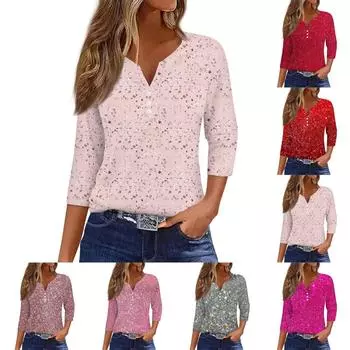 Женская мода Повседневная полосатая футболка с v-образным вырезом и декоративными пуговицами с рукавом три четверти Топ L золотой