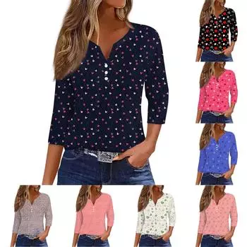 Женская мода Повседневная полосатая футболка с v-образным вырезом и декоративными пуговицами с рукавом три четверти Топ L бежевый