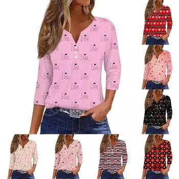 Женская мода Повседневная полосатая футболка с v-образным вырезом и декоративными пуговицами с рукавом три четверти Топ L чёрный