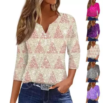 Женская мода Повседневная полосатая футболка с v-образным вырезом и декоративными пуговицами с рукавом три четверти Топ L циан