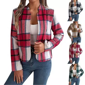 Женская мода повседневная полосатая клетчатая твидовая куртка с длинным рукавом L зелёный