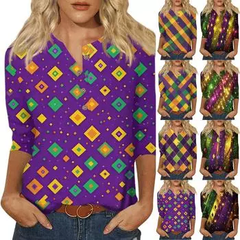 Женская мода повседневная пуговица 3/4 рукав карнавальный принтованный ворот топ L темно-фиолетового