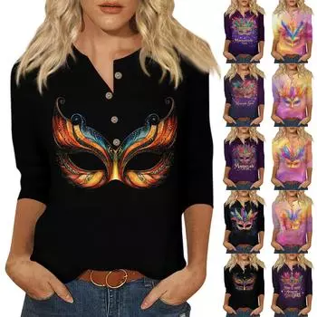 Женская мода повседневная пуговица 3/4 рукав карнавальный принтованный ворот топ XL
