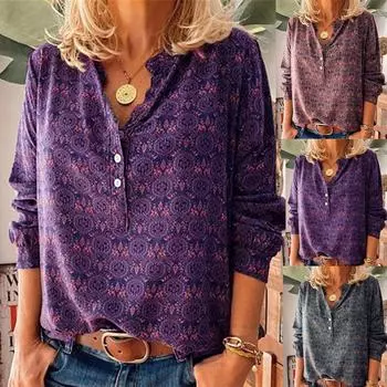Женская мода Повседневная пуговица с длинным рукавом Винтажные футболки с принтом Топы Блузка XXL винный