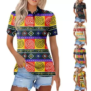 Женская мода повседневная пуговица с коротким рукавом и принтом на лацканах M чёрный