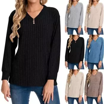 Женская мода повседневная пуговица V-образный вырез длинный рукав однотонный тонкий удобный топ L бежевый