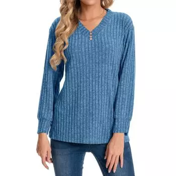 Женская мода повседневная пуговица V-образный вырез длинный рукав однотонный тонкий удобный топ M