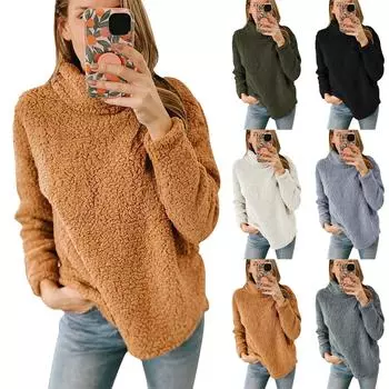 Женская мода повседневная пушистая однотонная толстовка с высоким воротом из плюша L армия зеленый