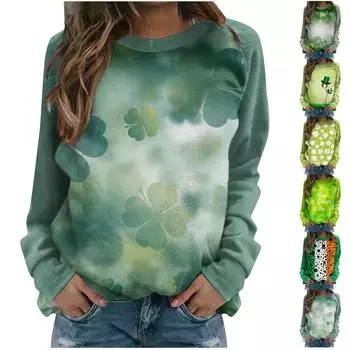 Женская мода повседневная реглан рукава длинные рукава St. Кофта-топ с круглым вырезом и принтом ко Дню Святого Патрика L