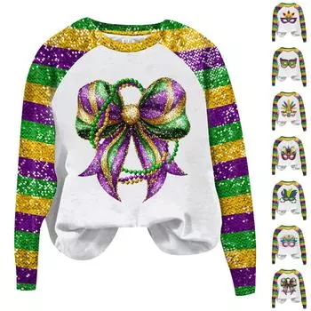 Женская мода повседневная реглан с длинным рукавом и принтом карнавала XL фиолетовый