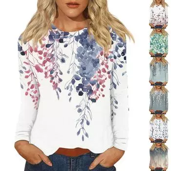 Женская мода Повседневная ретро-принт с круглым вырезом и длинным рукавом Декоративная футболка Топ XXL зелёный