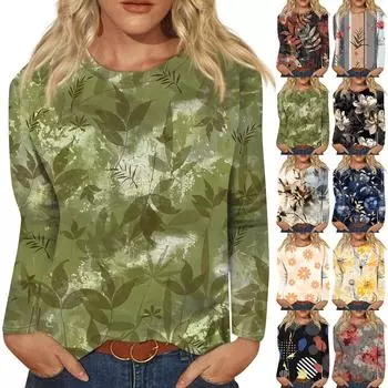 Женская мода Повседневная ретро-принт с круглым вырезом и длинным рукавом Декоративная футболка Топ XXXL серый