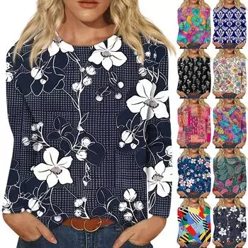 Женская мода Повседневная ретро-принт с круглым вырезом и длинным рукавом Декоративная футболка Топ XL