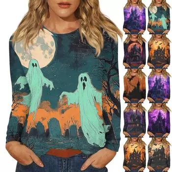 Женская мода Повседневная ретро-принт с круглым вырезом и длинным рукавом Декоративная футболка Топ L
