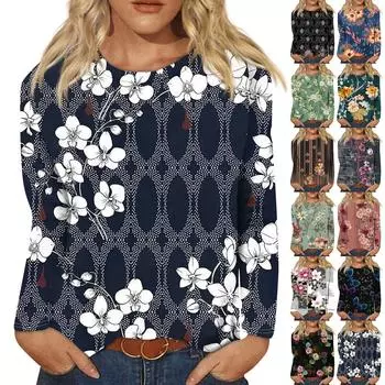 Женская мода Повседневная ретро-принт с круглым вырезом и длинным рукавом Декоративная футболка Топ L синий