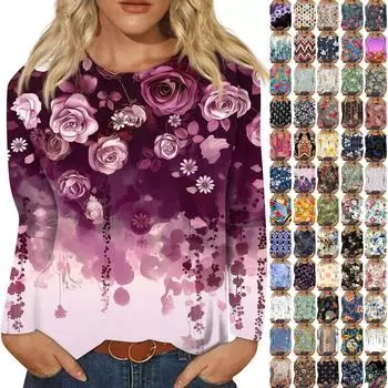 Женская мода Повседневная ретро-принт с круглым вырезом и длинным рукавом Декоративная футболка Топ XXXXL бежевый