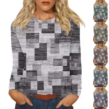 Женская мода Повседневная ретро-принт с круглым вырезом и длинным рукавом Декоративная футболка Топ XXXL
