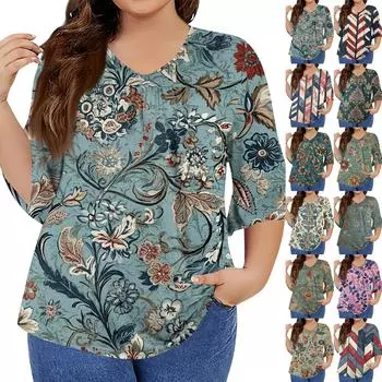 Женская мода повседневная ретро принтованная футболка с V-образным вырезом и рукавами-семью точками и оборками на рукавах топы больших размеров для женщин XXXL бежевый