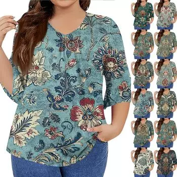 Женская мода повседневная ретро принтованная футболка с V-образным вырезом и рукавами-семью точками и оборками на рукавах топы больших размеров для женщин XL