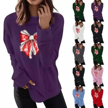 Женская мода повседневная рождественская бантовая печать круглый вырез топ L армия зеленый