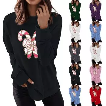 Женская мода повседневная рождественская бантовая печать круглый вырез длинный рукав топ L армия зеленый