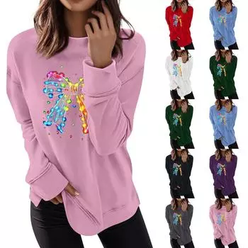 Женская мода повседневная рождественская бантовая печать круглый вырез топ M белый