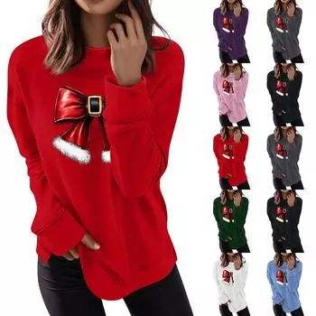 Женская мода повседневная рождественская бантовая печать круглый вырез топ XXXL розовый