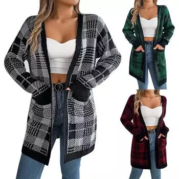 Женская мода повседневная рождественская контрастная клетчатая карманная длинная рукав кардиган свитер куртка L чёрный