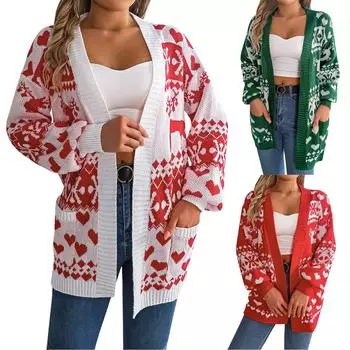 Женская мода повседневная рождественская куртка-кардиган с длинным рукавом и карманом M зелёный