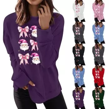 Женская мода повседневная рождественская мультяшная печать круглый вырез длинный рукав топ L армия зеленый