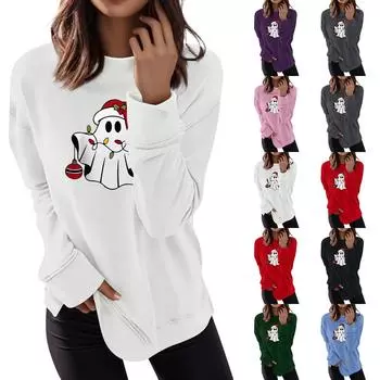 Женская мода повседневная рождественская мультяшная принтованная круглая горловина топ L армия зеленый