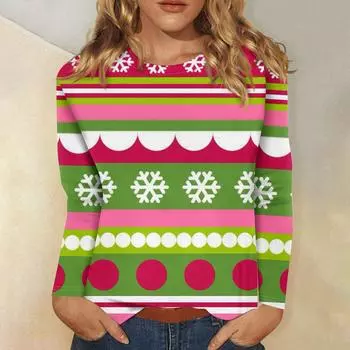 Женская мода повседневная рождественская печать круглый вырез длинный рукав декоративная футболка топ S