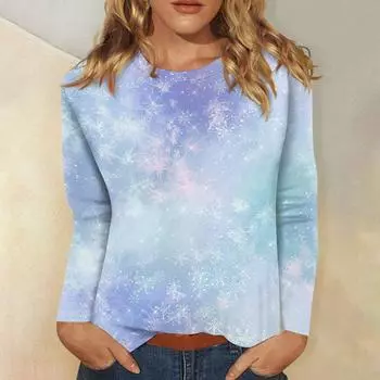 Женская мода повседневная рождественская печать круглый вырез длинный рукав декоративная футболка топ XXXL