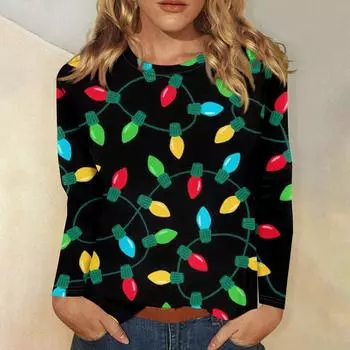 Женская мода повседневная рождественская печать круглый вырез длинный рукав декоративная футболка топ XXL