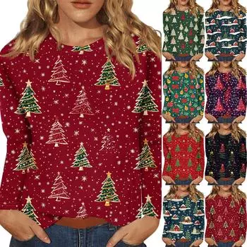 Женская мода повседневная рождественская печать круглый вырез длинный рукав декоративная футболка топ XXXL