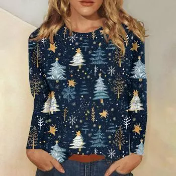 Женская мода повседневная рождественская печать круглый вырез длинный рукав декоративная футболка топ XXXXL розовый