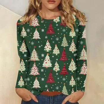 Женская мода повседневная рождественская печать круглый вырез длинный рукав декоративная футболка топ XL