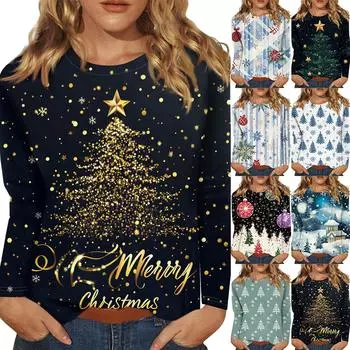 Женская мода повседневная рождественская печать круглый вырез длинный рукав декоративная футболка топ M