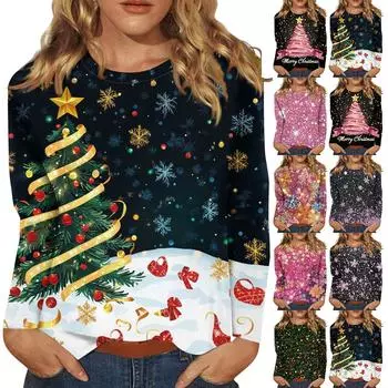 Женская мода повседневная рождественская печать круглый вырез длинный рукав декоративная футболка топ XXL оранжевый
