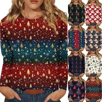 Женская мода повседневная рождественская печать круглый вырез длинный рукав декоративная футболка топ S зелёный