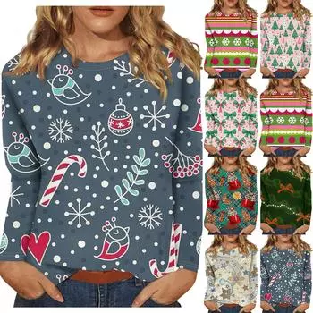 Женская мода повседневная рождественская печать круглый вырез длинный рукав декоративная футболка топ L циан