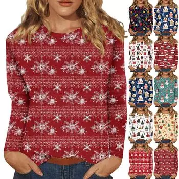 Женская мода повседневная рождественская печать круглый вырез длинный рукав декоративная футболка топ M