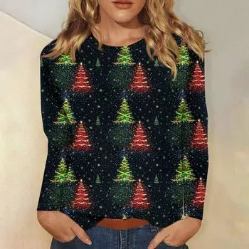 Женская мода повседневная рождественская печать круглый вырез длинный рукав декоративная футболка топ S винный
