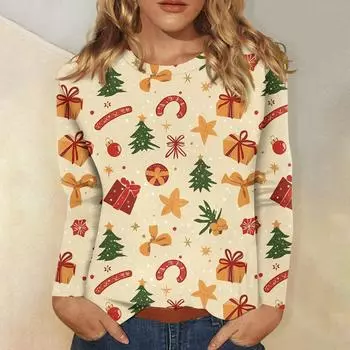 Женская мода повседневная рождественская печать круглый вырез длинный рукав декоративная футболка топ XXXXXL циан
