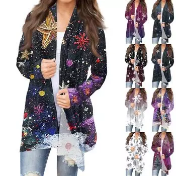 Женская мода повседневная рождественская печать средней длины кардиган куртка пальто XL
