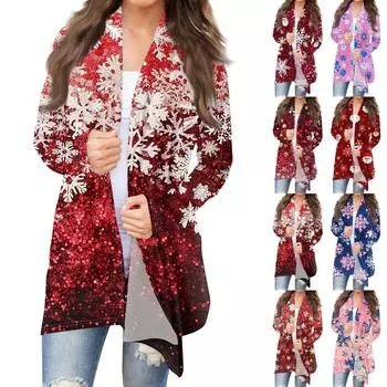 Женская мода повседневная рождественская печать средней длины кардиган куртка пальто M