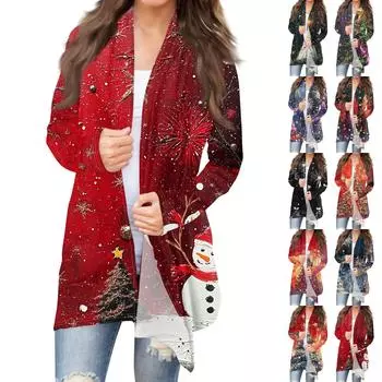 Женская мода повседневная рождественская печать средней длины кардиган куртка пальто XXXXL винный