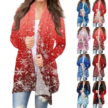 Женская мода повседневная рождественская печать средней длины кардиган куртка пальто L винный