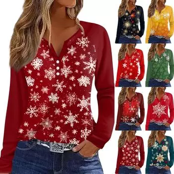 Женская мода повседневная рождественская печать V-образный вырез рукава реглан с декоративными пуговицами длинный рукав футболка топ XXXL винный